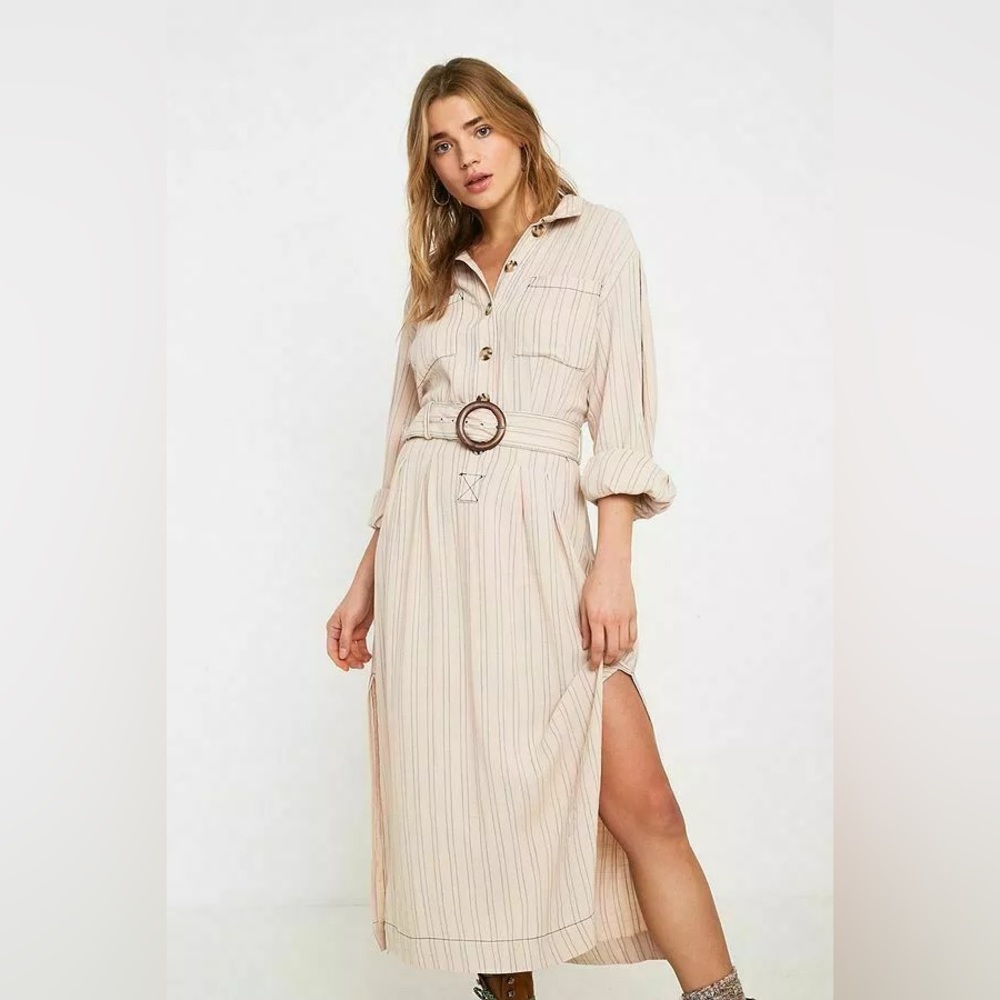 Free People Cream Striped Midi Shirt Dress
